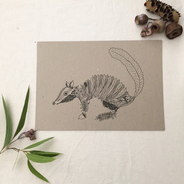 Numbat Out of Natives A4 /A5 gumdots print of unique fineliner illustration, Australian animal wall art; Australia modern Australiana leaf