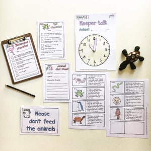May include: A set of printable educational worksheets for kids about zoo animals. The worksheets feature a variety of animals, including a frog, a penguin, a tortoise, a snake, a lion, an owl, and a numbat. Each worksheet includes a drawing of the animal, a description of its characteristics, and a space for children to write down their own observations. The worksheets are designed to help children learn about different animals and their habitats.