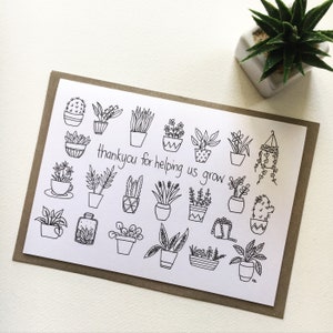 Thankyou for helping us grow- Teacher colour in thank you card; Unique teacher card; 21 pot plants colouring in carer greeting card
