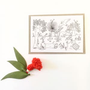 Australian biodiversity greeting card; gumdots colour in card print from unique illustration; Australia woodland flowers animals recycled