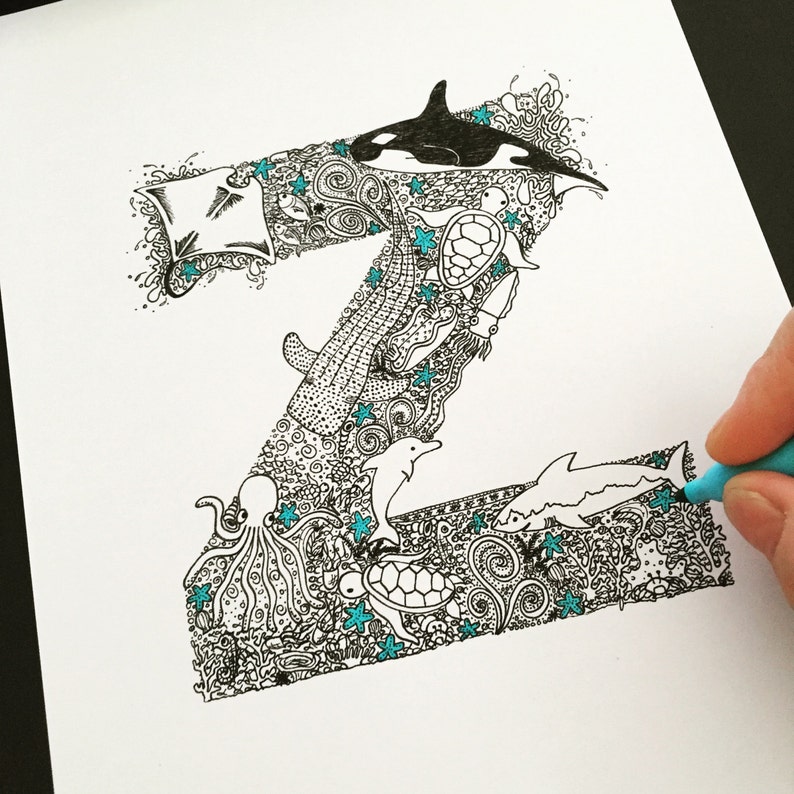 illustrated letter 'under the sea' print of unique fineliner illustration, personalised Australian nursery decor, orca fish Australia ocean image 1