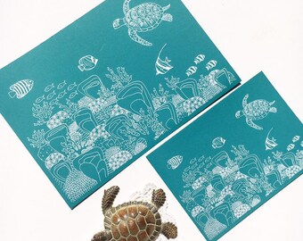 Teal Turtle Reef- A5 or A4 white ink print from unique drawing artwork; gumdots Australian ocean series; Ningaloo Reef souvenir