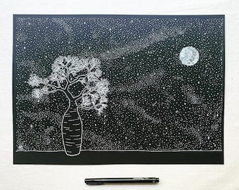 Boab Under the Milky Way A3 white ink print; gumdots fineliner illustration star stargaze astrophotography Australian souvenir Australiana