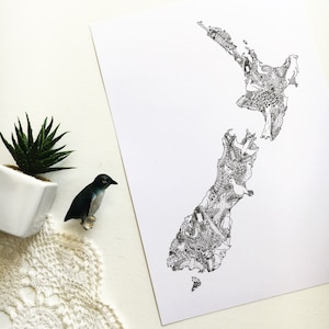 Illustrated Map of New Zealand- A3 unique map illustration print; NZ souvenir drawing unique decor wall art kiwi penguin kakapo tuatara  ~~~