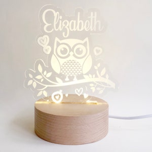 Personalized Little Owl LED Nightlight for kids | Custom Laser Cut LED Lamp | Engraved Name Light with USB cable