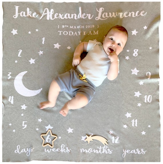 Moon Stars Blanket Personalized Baby Milestone Blanket Baby Blanket Cotton Knitted Blanket Baby Friendly Cotton Newborn Gift Etsy Canada