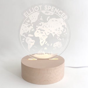 Personalized World Map LED Nightlight for kids | Custom Laser Cut LED Lamp | Engraved Name Light with USB cable