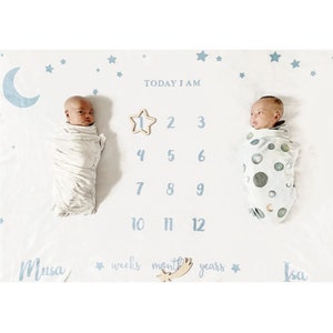 Moon & Stars Twins Milestone Blanket - Manta personalizada para bebés / manta para bebés / algodón de punto / para bebés / regalo para recién nacidos
