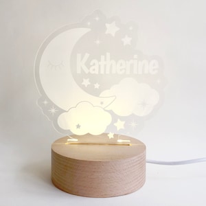 Personalized Sleepy Moon LED Nightlight for kids | Custom Laser Cut LED Lamp | Engraved Name Light with USB cable