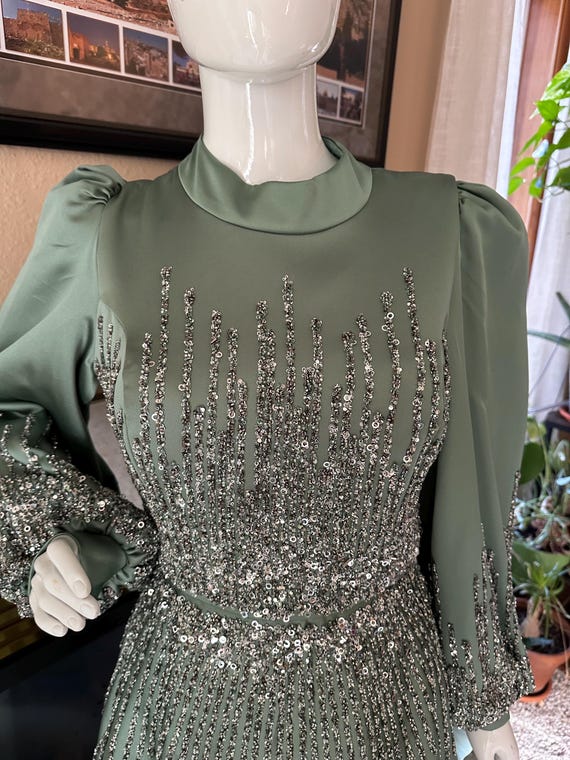 sage green night dress Satin Wedding Evening with Silver Beadwork 7/29/26