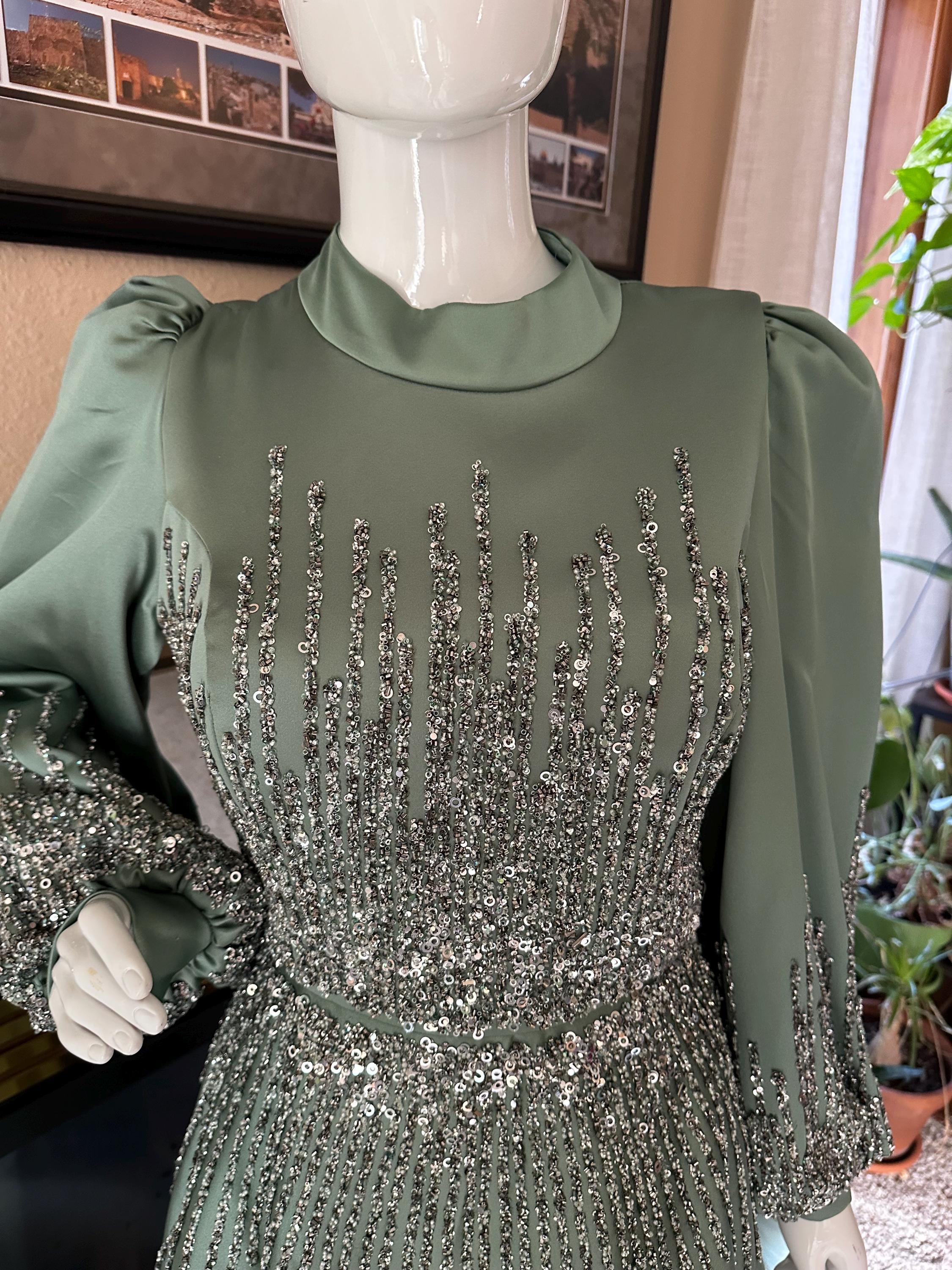 sage green muslim dress Luxury Sage Green Modest Hijab-Style beaded Evening Dress SS613 Green / 4 main image 0
