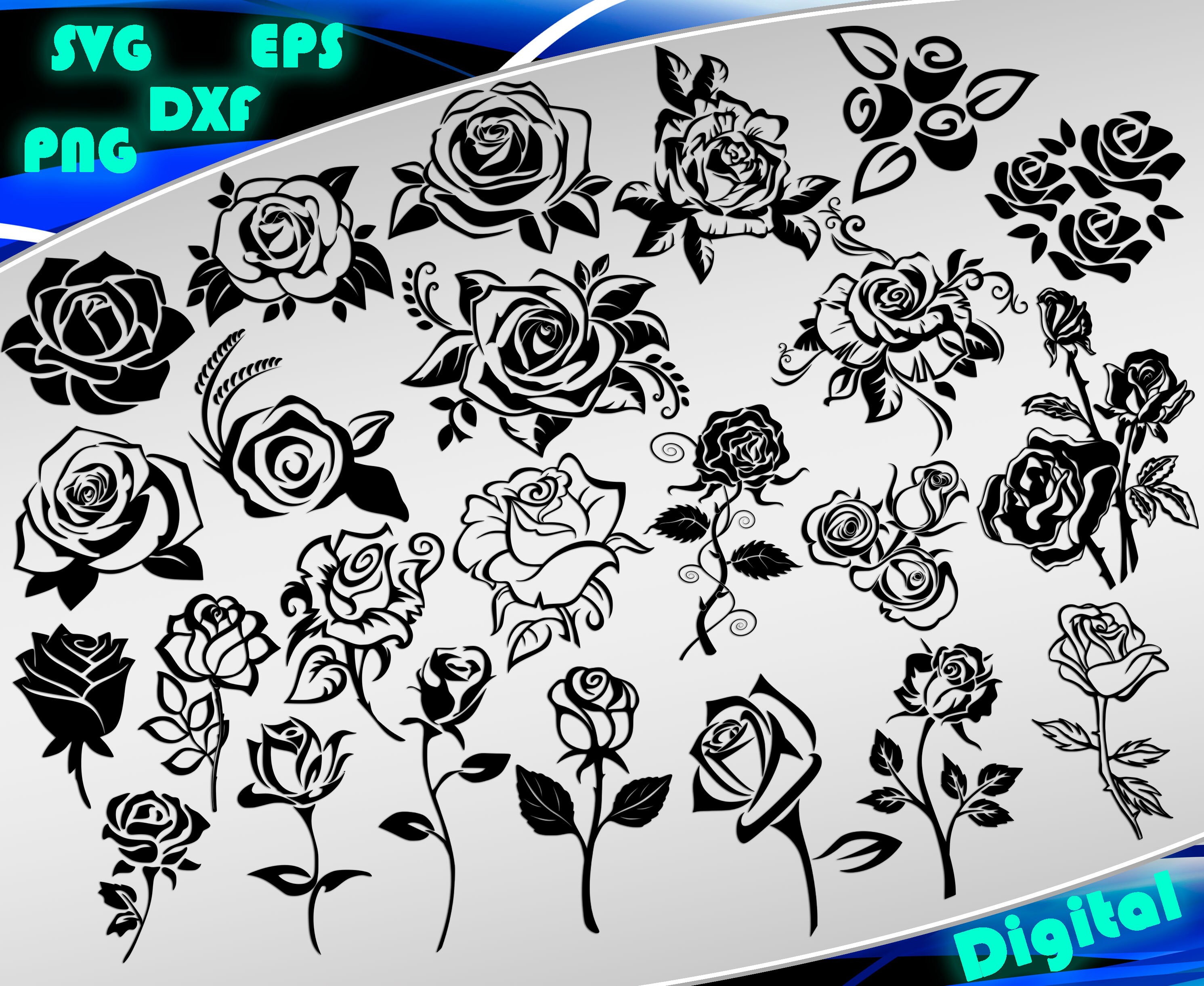 Rose Svg Flower Svg Rose Silhouette Stencil File Cricut Vector Etsy