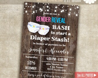 Gender Reveal Bash to start a Diaper Stash invitation, Printable Gender Reveal template, Instant download Self Editable PDF A642