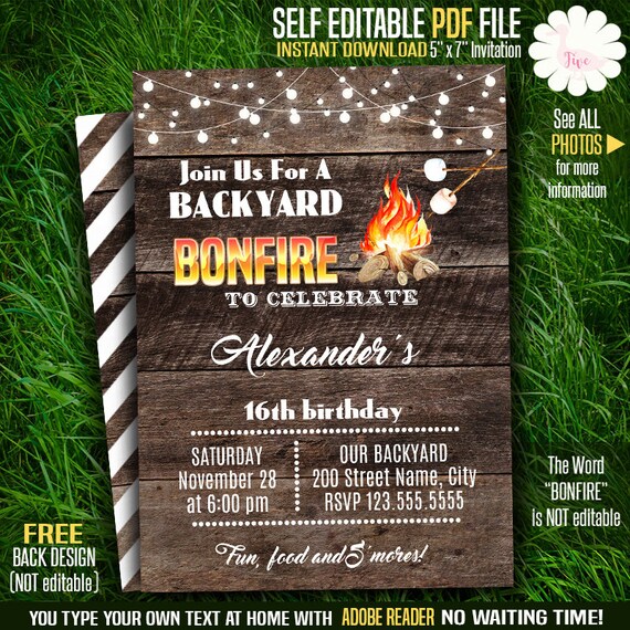 Bonfire invitation Printable Rustic templates Bonfire party | Etsy