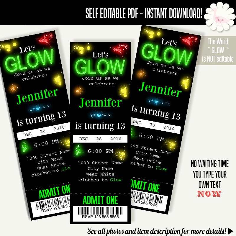 Glow party ticket invitation Glow party tickets Glow Etsy