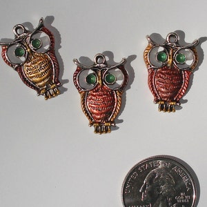 Hand Painted, Earth Tones, Owl Pendants or Charms, Antique Gold Metal Tone