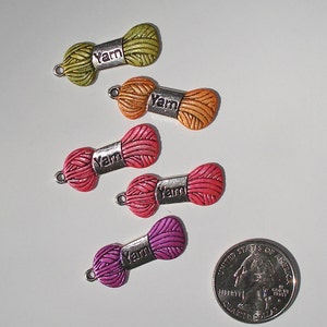 Hand Painted Yarn Charms, Antique Silver Metal Tone, One-sided, Warm Colors