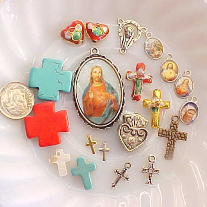 Sacred Heart Mary Religious Charms Cross Charms Mix Crosses Lot Picture Icon Charms Catholic Charms Catholic Beads DIY Jewelry Making