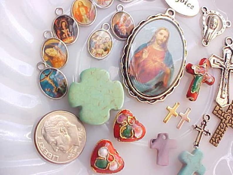 Sacred Heart Mary Religious Charms Cross Charms Mix Crosses Lot Picture Icon Charms Catholic Charms Catholic Beads DIY Jewelry Making