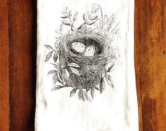 Nest Tea Towel | Speckled Eggs Towel | Bird Nest Towel | Flour Sack Towel | Screen Printed | Hand Printed | Cotton Towel | Spring Towel