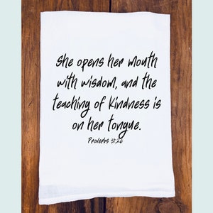 Wisdom and Kindness | Proverbs 31 Mothers Day Gift | Faith Tea Towel | Christian Tea Towel | Scripture Tea Towel | Bible Verse Towel