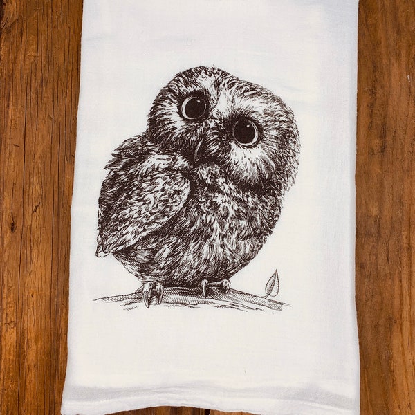 Tea Towel | Baby Owl  Woodland Animal | Kitchen Towel Gift | Mother’s Day Gift for Mom Flour Sack Tea Towel