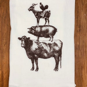 Farmhouse Tea Towel | Stacked Farm Animals | Cow Pig Goat Rooster | Kitchen Dish Towel Gift