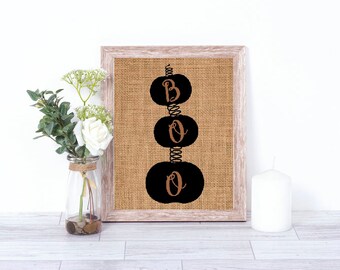 Halloween BOO Stacked Pumpkins Burlap Print - Fall Wall Decor - Halloween Decor - Burlap Wall Decor