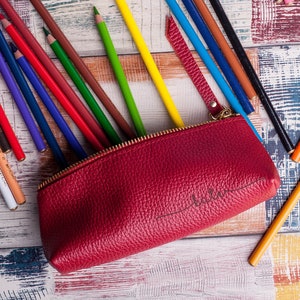 Leather brush case leather pencil case pencil case leather case brush case brush holder pencil holder paint brush holder pencil pouch red image 1