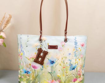 Bridesmaid Canvas Tote Bag with Personalized Leather Letter, Floral Wedding Gift