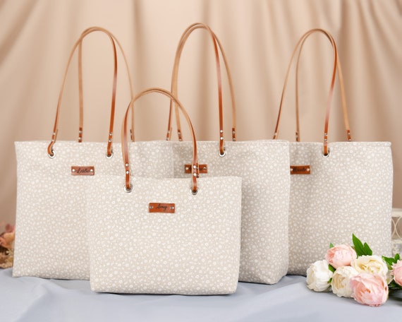 Personalized Bridesmaid Tote Bag, Leather Handle Bridal Party Gift