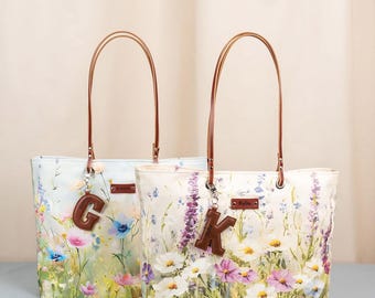 Bridesmaid Gift Canvas Bag with Engraved Leather Letter Bag Charm