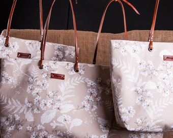 Personalized Floral Bridesmaid Tote Bag, Leather Handle Bridal Gift