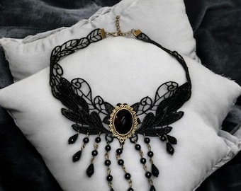 Black Lace Choker, Beaded Gothic Collar