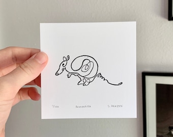 Texas Armadillo Single Line Drawing Lino Print
