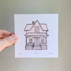 Pink House Print, Pink Home, Tiny Artwork, Lino Print, Linocut, Lino Print, Wall Art, Linocut Print, Block Print, Relief Print, Tiny Print