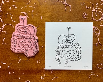 Gastrointestinal Tract Print, Tiny Art, Lino Print, Anatomy Art, Biology Art, Organs, Linocut, Lino Print Wall Art, Weird Art, Linocut Print