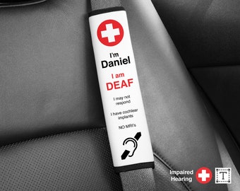 Personalized Medical Alert Seat Belt Cover: Hearing Impaired Safety Pad
