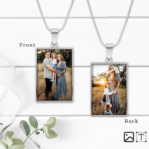May include: Two rectangular silver pendant necklaces. Each pendant displays a color photograph. One shows a family of three, the other a mother and child. The word "Front" and "Back" are printed on the image.