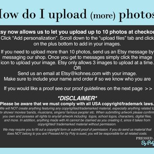 May include: A black rectangular graphic on a light blue background with the text "How do I upload (more) photos?". Instructions are provided on how to upload photos to Etsy, including a disclaimer about copyright and trademark laws.