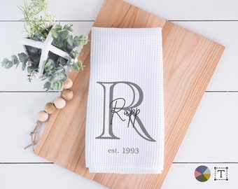 Custom Kitchen Towel, Monogram, Wedding Gift, Personalized Anniversary Gift, Engagement, Housewarming, Established date, Waffle, New Couple