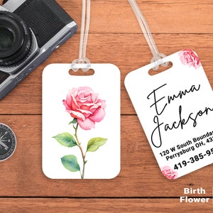 Personalized Birth Flower Luggage Tag: Double Sided Travel Bag ID