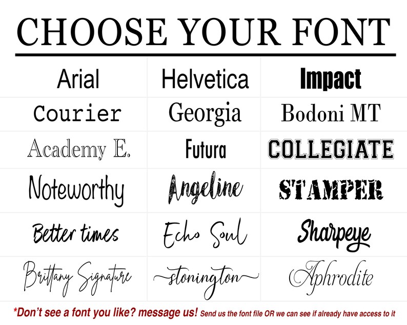 May include: An image showcasing a selection of fonts, such as Arial, Helvetica, and Impact, with the heading "CHOOSE YOUR FONT". The fonts are presented in a grid, providing a range of typographic styles for design projects.
