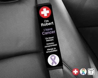 Medical Alert Seat Belt Cover, Personalized Seat Belt Pad, Cancer, Safety, Cancer Awareness, StemCell Transplant, Lung Cancer, Breast Cancer