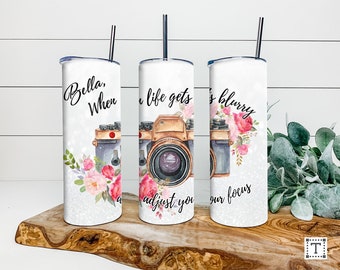 Personalized Stainless Steel Skinny Tumbler with Straw, Custom Name Tumbler, Photographer Gift, Camera lover gift, Photography sayings, gift