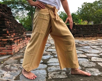 Beige Thai Fisherman Pants, Unisex Cotton Yoga Maternity Spa Pants
