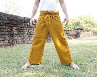 Mustard Thai Fisherman Pants, Unisex Cotton Yoga Maternity Trousers