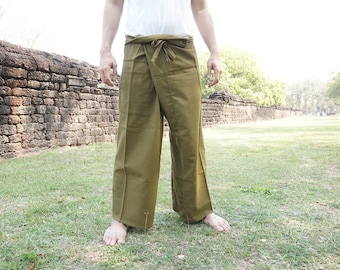 Olive Thai Fisherman Pants, Unisex Cotton Yoga Maternity Trousers
