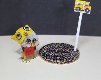 Miniature owl waiting at the stop handmade item unique ooak