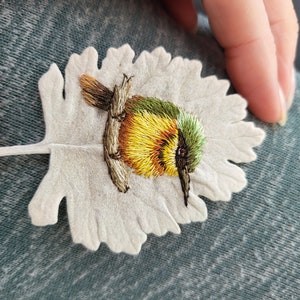 Miniature hand embroidered bee eater thread painting stitched onto a leaf original art piece image 10